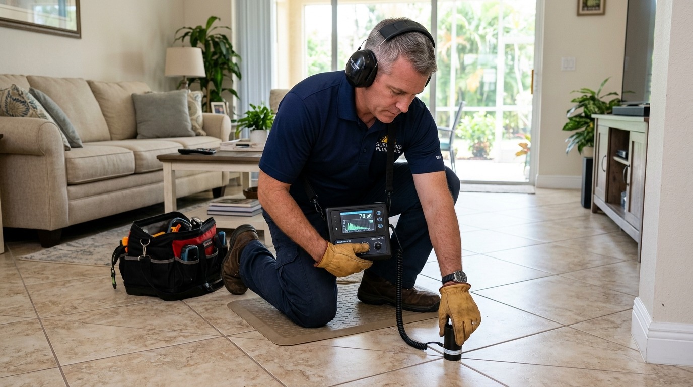 Technician using precision acoustic listening sensors and digital detector to locate a slab leak in a Florida home