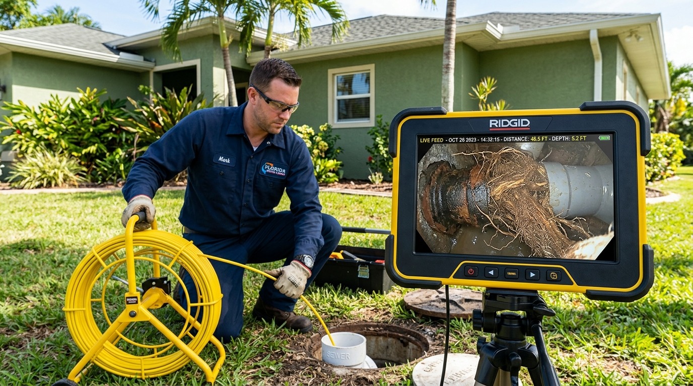 Sewer camera inspection monitor showing tree roots invading a sewer line in Lutz, FL