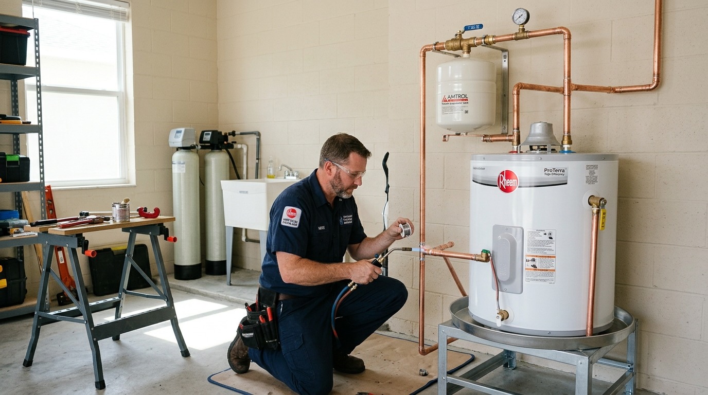 Licensed plumber inspecting a newly installed Rheem water heater in a Florida home