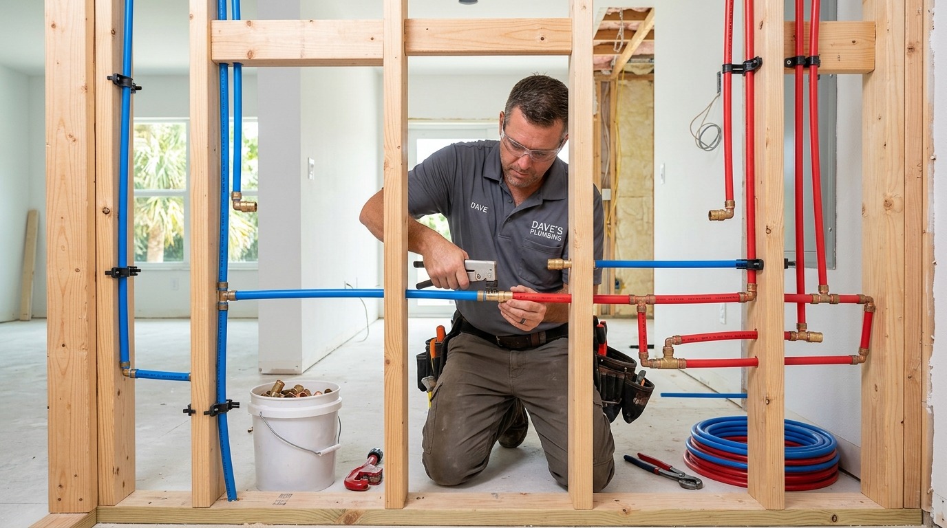 Professional plumber installing blue and red PEX-A expansion water supply lines during whole-home repiping in Lutz, FL
