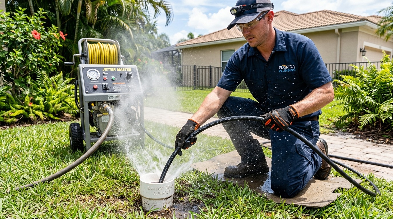 Commercial hydro-jetting equipment clearing a sewer drain cleanout in Lutz, FL