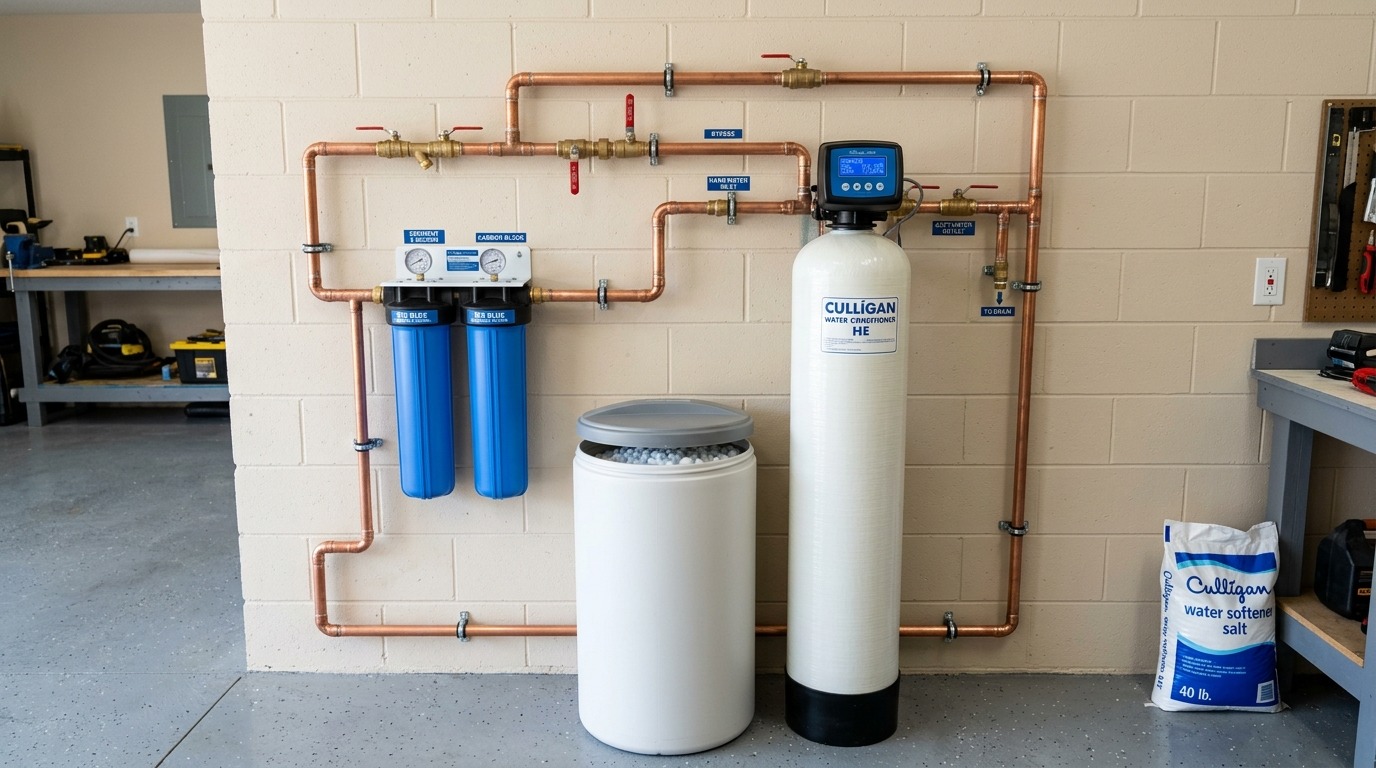 Whole-house water softener and filtration system installed in a Lutz, FL garage